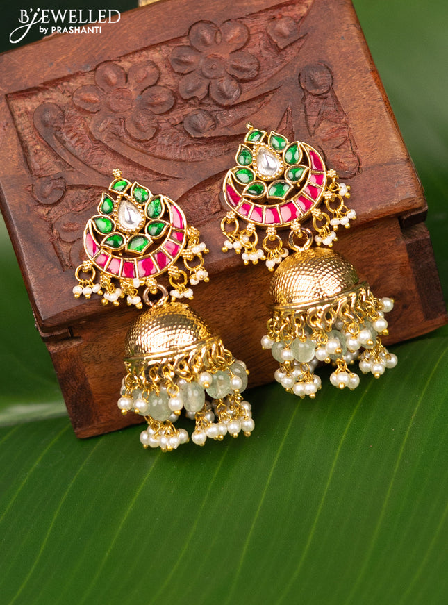 Antique screw type jhumka chandbali design with jadau kundan stones and pearl & beads hanging