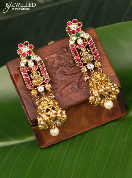 Antique screw type jhumka lakshmi design with jadau kundan stones and pearl & golden beads hanging