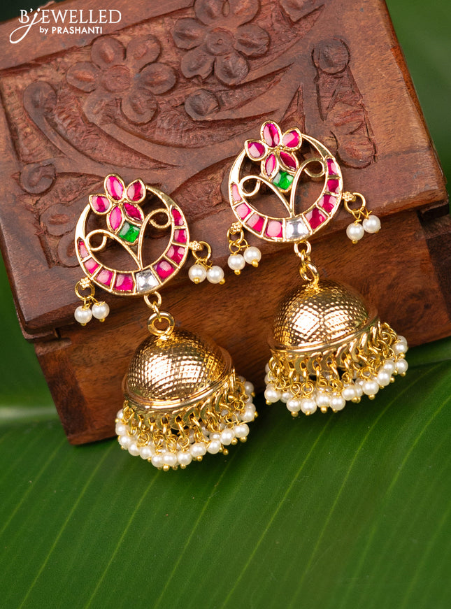 Antique screw type jhumka chandbali design with jadau kundan stones and pearl hangings