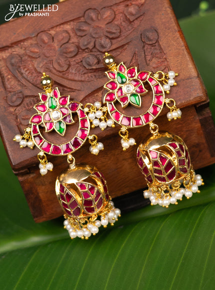 Antique screw type jhumka chandbali design with jadau kundan stones and pearl hangings