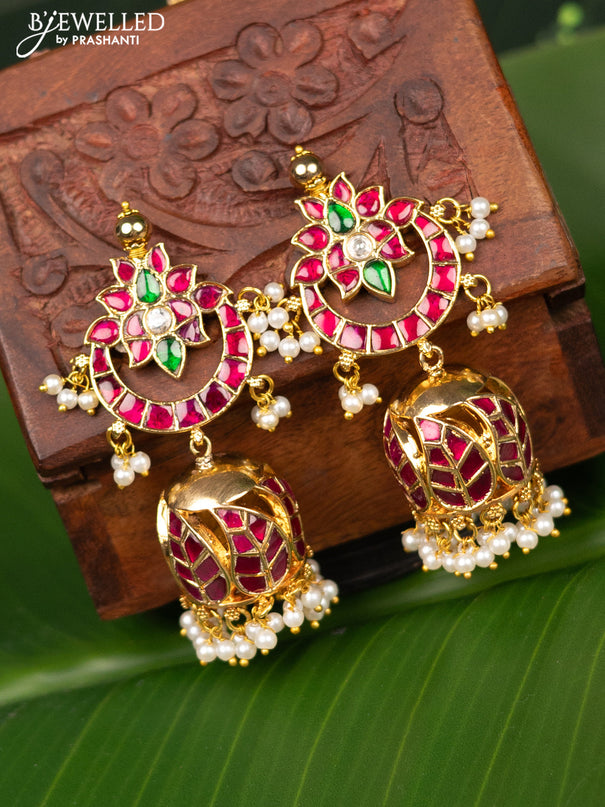 Antique screw type jhumka chandbali design with jadau kundan stones and pearl hangings