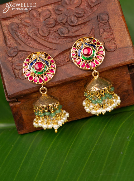 Antique screw type jhumka with jadau kundan stones and pearl & beads hanging