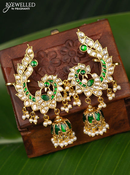 Antique earcuff jhumka peacock design with green jadau kundan stones and pearl hangings