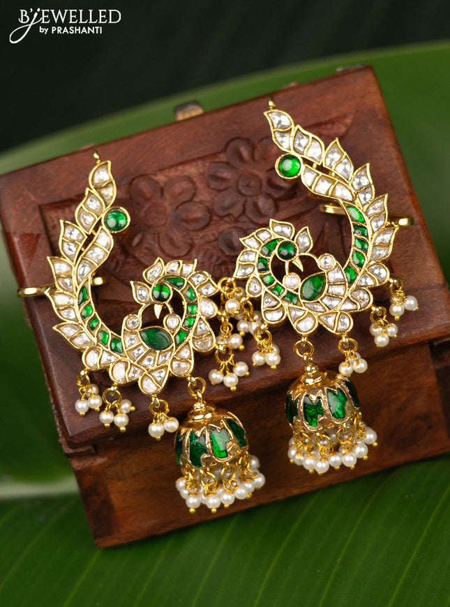 Antique earcuff jhumka peacock design with green jadau kundan stones and pearl hangings