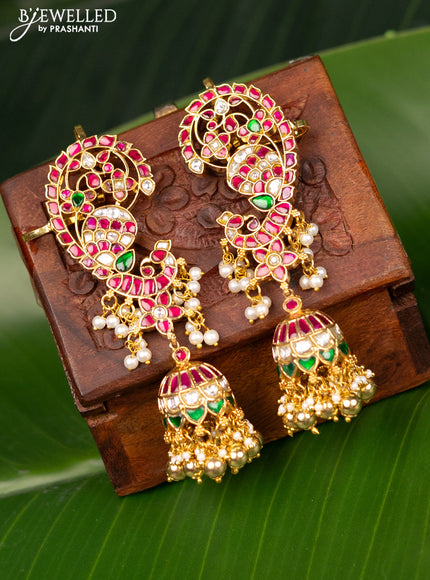 Antique earcuff jhumka with jadau kundan stones and pearl & golden beads hanging