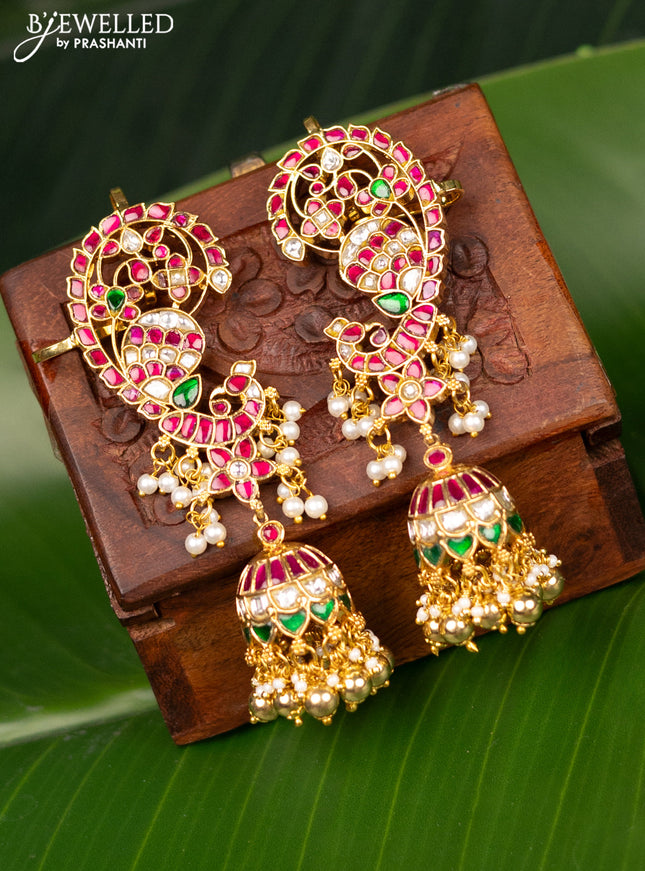 Antique earcuff jhumka with jadau kundan stones and pearl & golden beads hanging