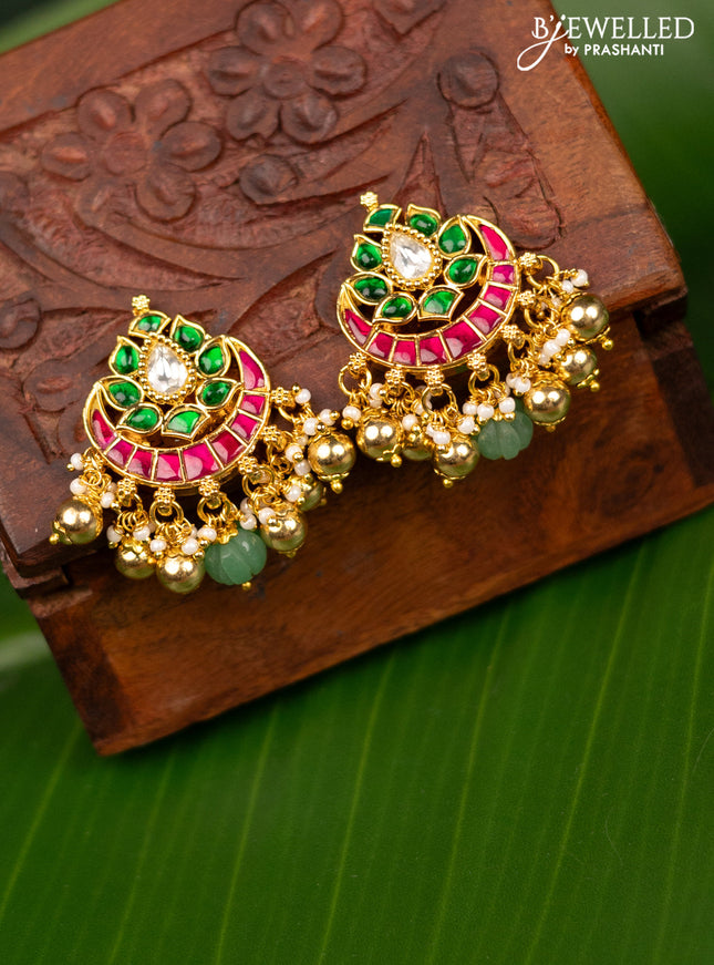 Antique screw type earrings chandbali design with jadau kundan stones and pearl & golden beads hanging