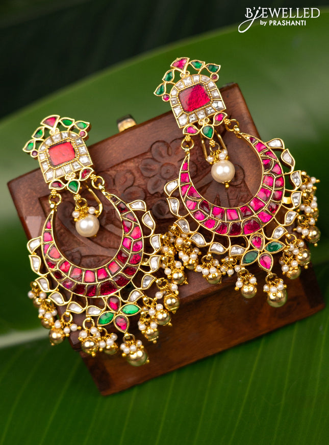 Antique screw type earrings chandbali design with jadau kundan stones and pearl & golden beads hanging