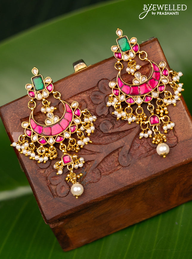 Antique screw type earrings chandbali design with jadau kundan stones and pearl & golden beads hanging