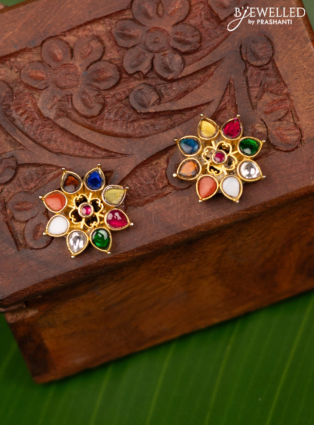 Antique screw type earrings floral design with navaratna stones