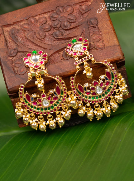 Antique screw type earrings with jadau kundan stones and pearl & golden beads hanging
