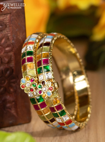 Jadau screw type bangles with jadau multicolour kundan stones