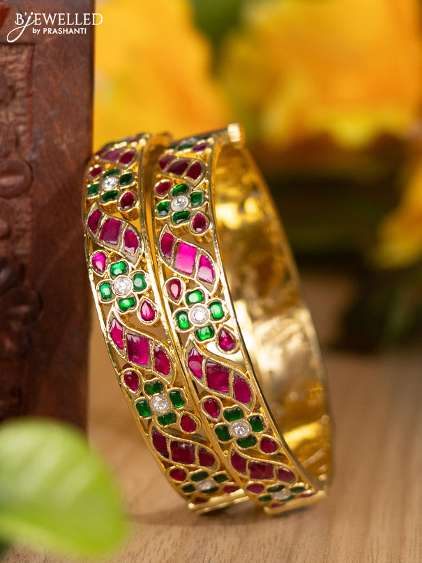 Jadau screw type bangles floral design with jadau kemp and kundan stones