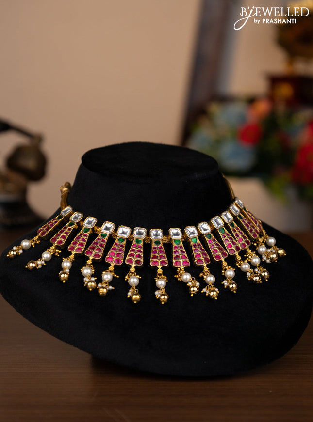 Antique choker square shape with jadau kundan stones and pearl & golden beads hangings