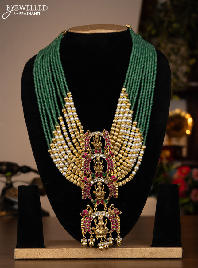 Antique multilayer beaded haaram lakshmi pendant with jadau kundan stones and pearl & golden beads hanging