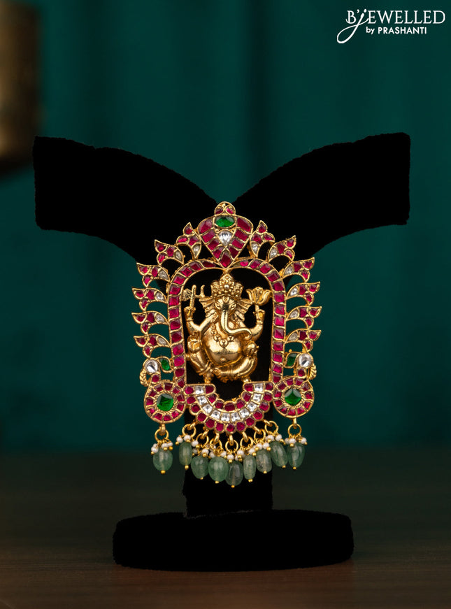 Antique pendant ganesha design with jadau kundan stones and natural beads & pearl hanging