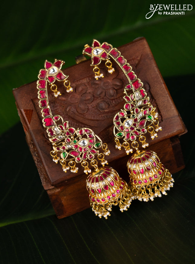 Antique earcuff jhumka peacock design with jadau kundan stones and pearl hanging