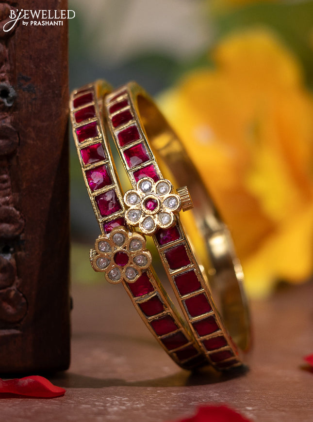 Jadau screw type bangle with jadau pink and kundan stones