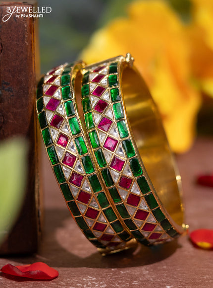 Jadau side tile bangle with screw type and jadau kemp and kundan stones
