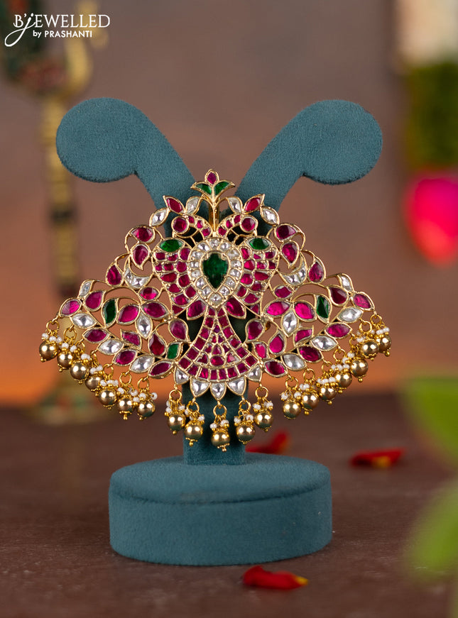 Jadau pendant peacock design with jadau kundan stones and pearl & golden beads hanging