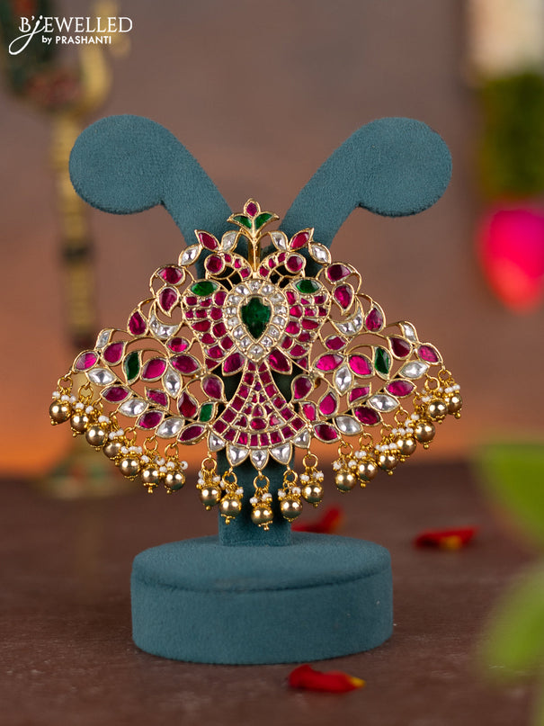Jadau pendant peacock design with jadau kundan stones and pearl & golden beads hanging