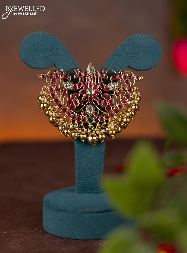 Jadau pendant double peacock design with jadau kundan stones and pearl & golden beads hanging