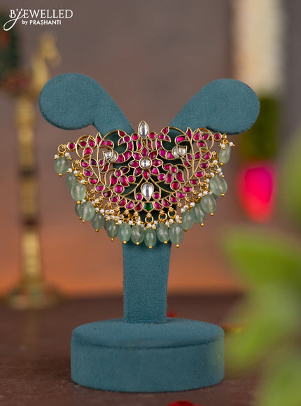 Jadau pendant double peacock design with jadau kundan stones and pearl & natural beads hanging