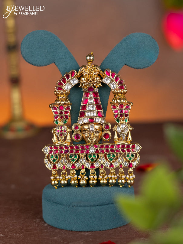 Jadau pendant tirupati balaji design with jadau kundan stones and pearl & golden beads hanging