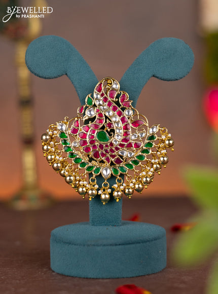 Jadau pendant annapakshi design with jadau kundan stones and pearl & golden beads hanging