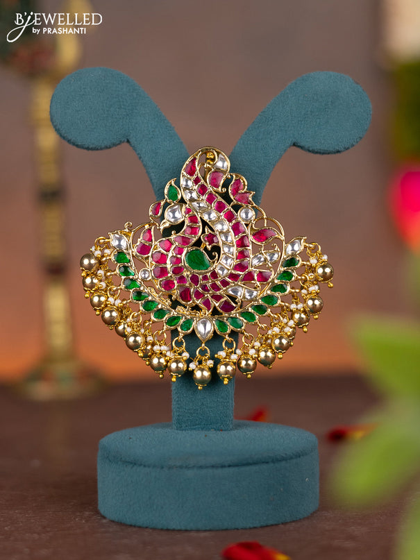 Jadau pendant annapakshi design with jadau kundan stones and pearl & golden beads hanging