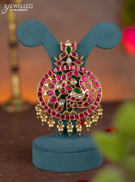 Jadau pendant peacock design with jadau kundan stones and pearl & golden beads hanging