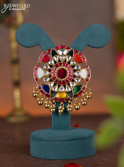 Jadau pendant with multicolour jadau kundan stones and pearl & golden beads hanging