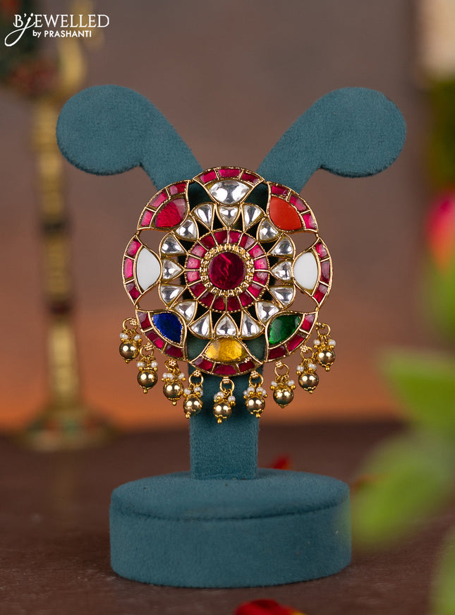 Jadau pendant with multicolour jadau kundan stones and pearl & golden beads hanging