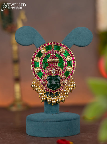 Jadau pendant kathakali face design with jadau kundan stones and pearl & golden beads hanging