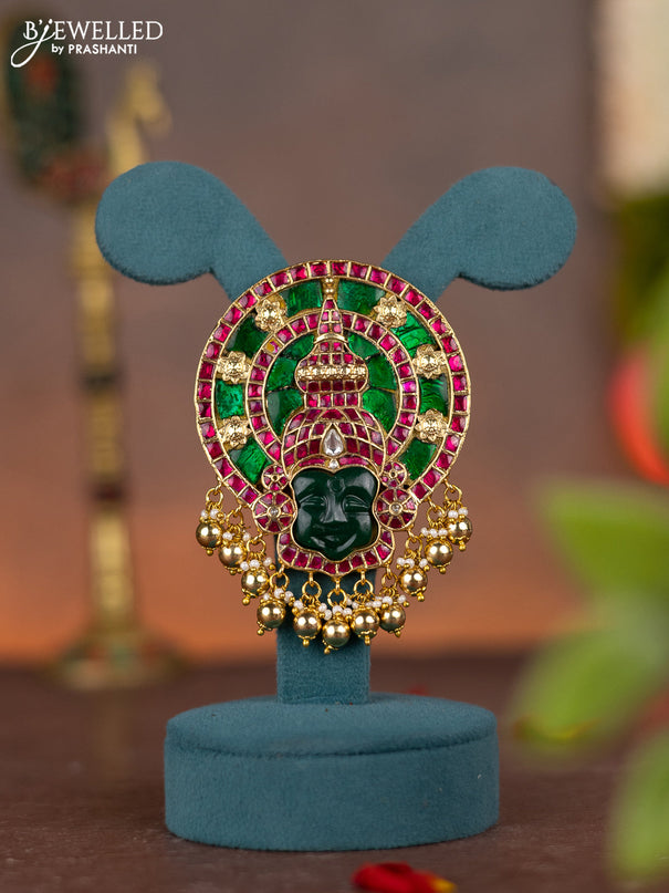 Jadau pendant kathakali face design with jadau kundan stones and pearl & golden beads hanging