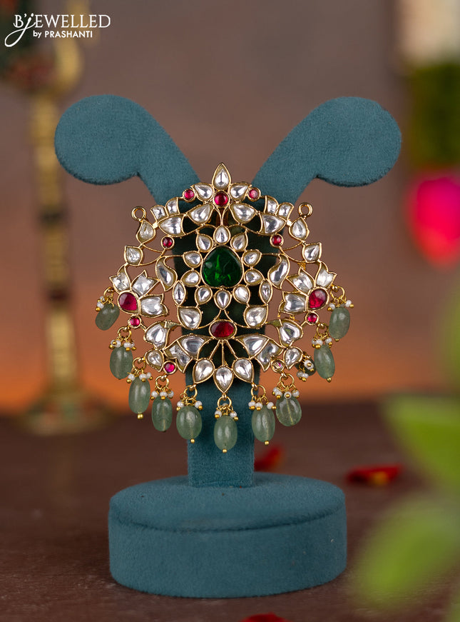 Jadau pendant floral design with jadau kundan stones and pearl & natural beads hanging