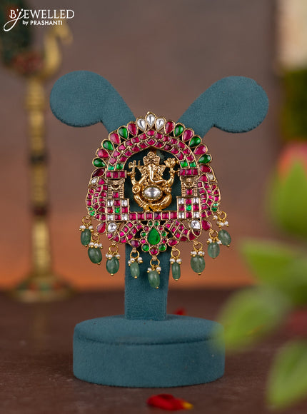 Jadau pendant ganesha design with jadau kundan stones and pearl & natural beads hanging