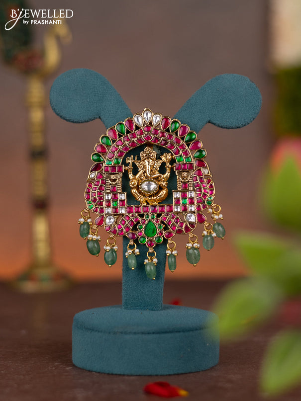 Jadau pendant ganesha design with jadau kundan stones and pearl & natural beads hanging