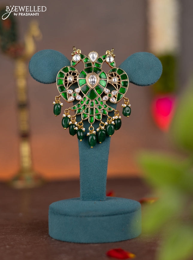 Jadau reversible pendant double pachi design with jadau kundan stones and pearl & green beads hanging