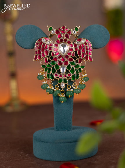 Jadau reversible pendant double peacock design with jadau kundan stones and pearl & natural beads hanging