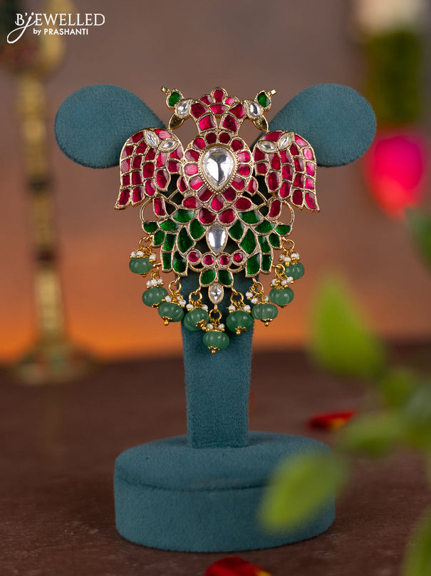 Jadau reversible pendant double peacock design with jadau kundan stones and pearl & natural beads hanging