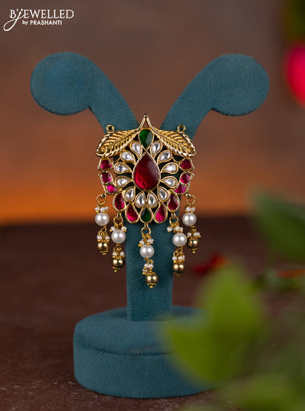 Jadau pendant floral design with jadau kundan stones and pearl & golden beads hanging