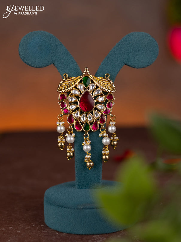 Jadau pendant floral design with jadau kundan stones and pearl & golden beads hanging