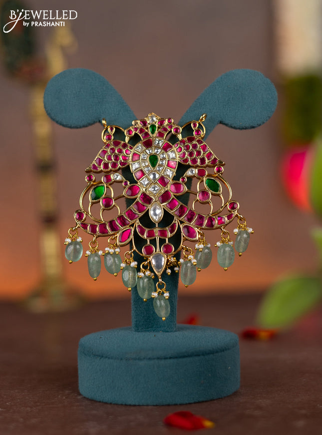 Jadau pendant peacock design with jadau kundan stones and pearl & natural beads hanging