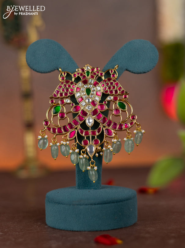 Jadau pendant peacock design with jadau kundan stones and pearl & natural beads hanging
