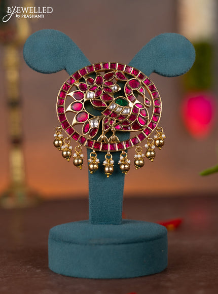 Jadau pendant peacock design with jadau kundan stones and pearl & golden beads hanging