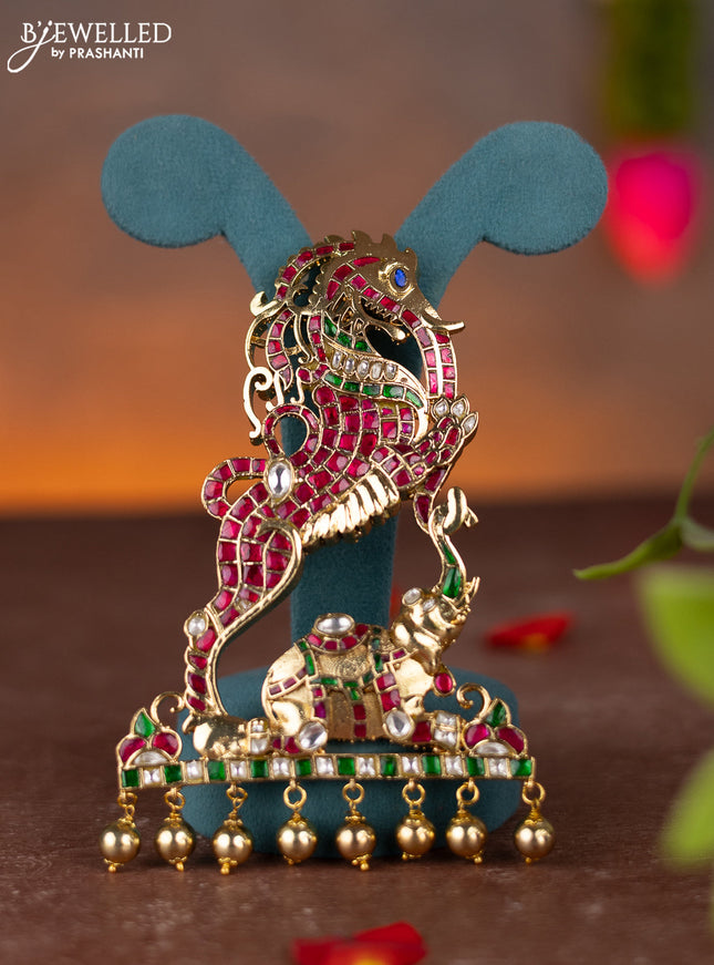 Jadau pendant yahli design with jadau kundan stones and golden beads hanging