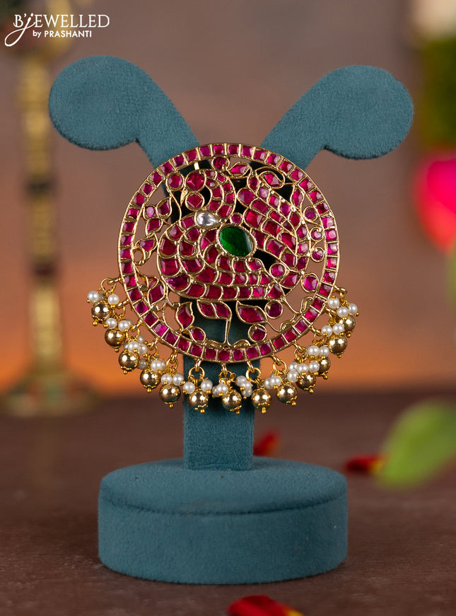 Jadau pendant annapakshi design with jadau kundan stones and pearl & golden beads hanging