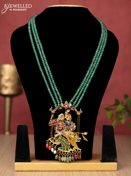 Jadau beaded green haaram radhakrishna pendant with jadau kundan stones and pearl & natural beads hanging without earrings