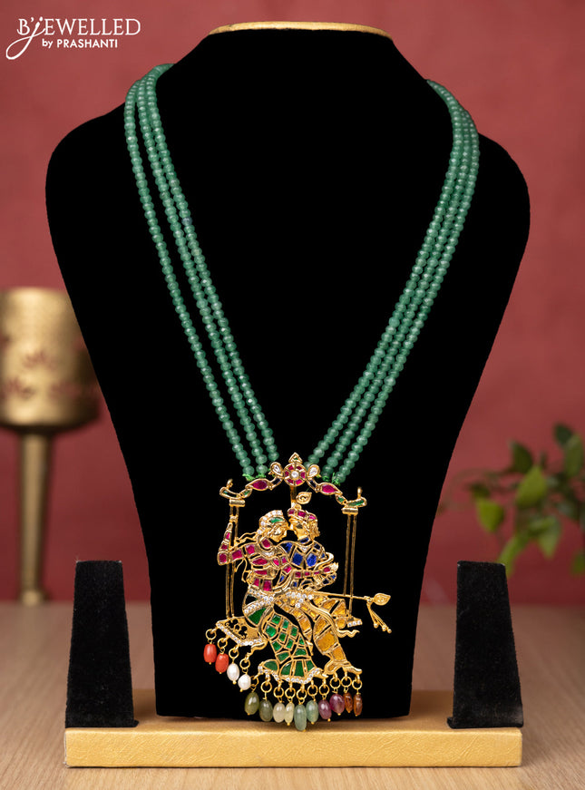 Jadau beaded green haaram radhakrishna pendant with jadau kundan stones and pearl & natural beads hanging without earrings
